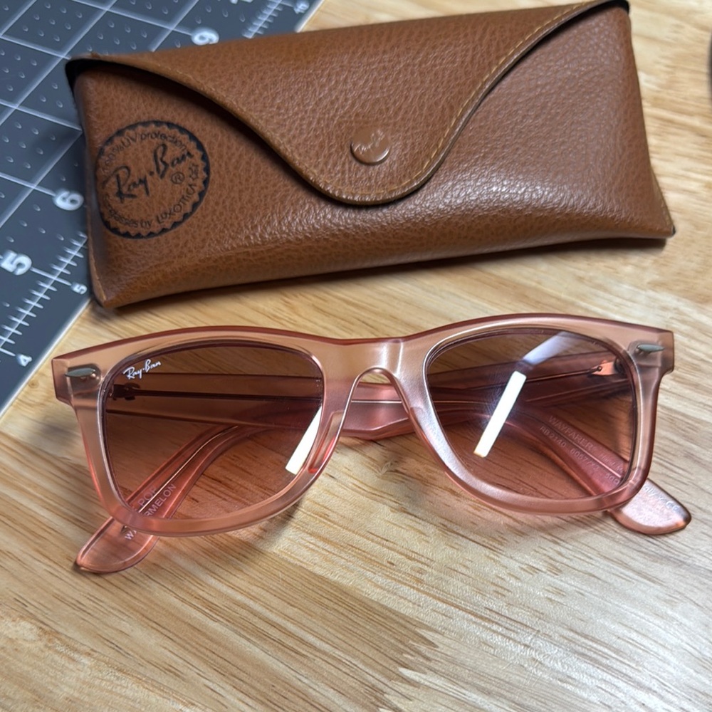 Ray-Ban Brown Leather Eyewear Case with Pink Accents